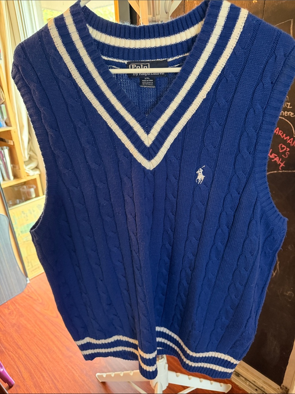 Polo by Ralph Lauren Royal Blue Cable-Knit V-Neck Sweater Vest with White Trim